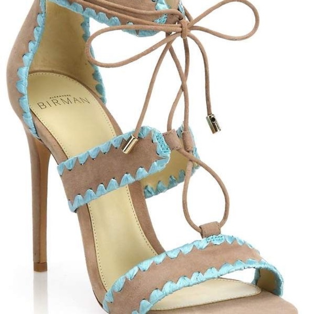 Alexandre Birman Tan and Blue Stiletto Heels with Lace-Up Design